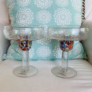 2 Baja Margarita Glasses Mexican Hand Blown Glass Multicolor Confetti Mosaic